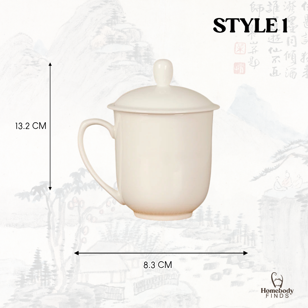 Lidded Chinese Ceramic Tea Mug, Traditional Floral Bird Cup, 350ml