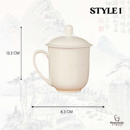 Lidded Chinese Ceramic Tea Mug, Traditional Floral Bird Cup, 350ml