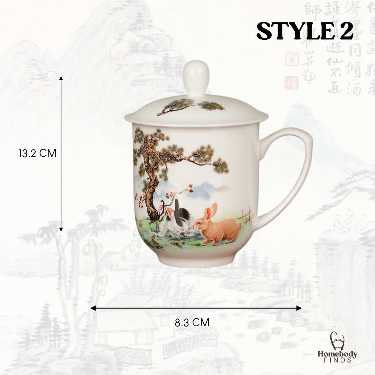 Lidded Chinese Ceramic Tea Mug, Traditional Floral Bird Cup, 350ml