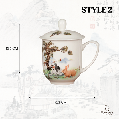 Lidded Chinese Ceramic Tea Mug, Traditional Floral Bird Cup, 350ml