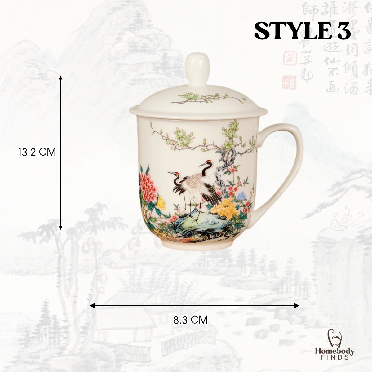Lidded Chinese Ceramic Tea Mug, Traditional Floral Bird Cup, 350ml
