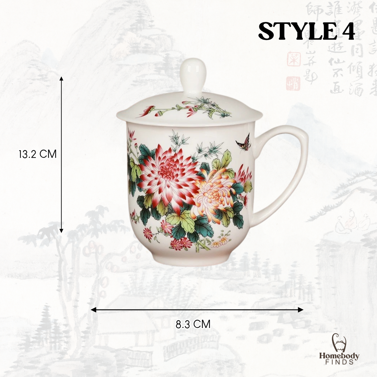 Lidded Chinese Ceramic Tea Mug, Traditional Floral Bird Cup, 350ml