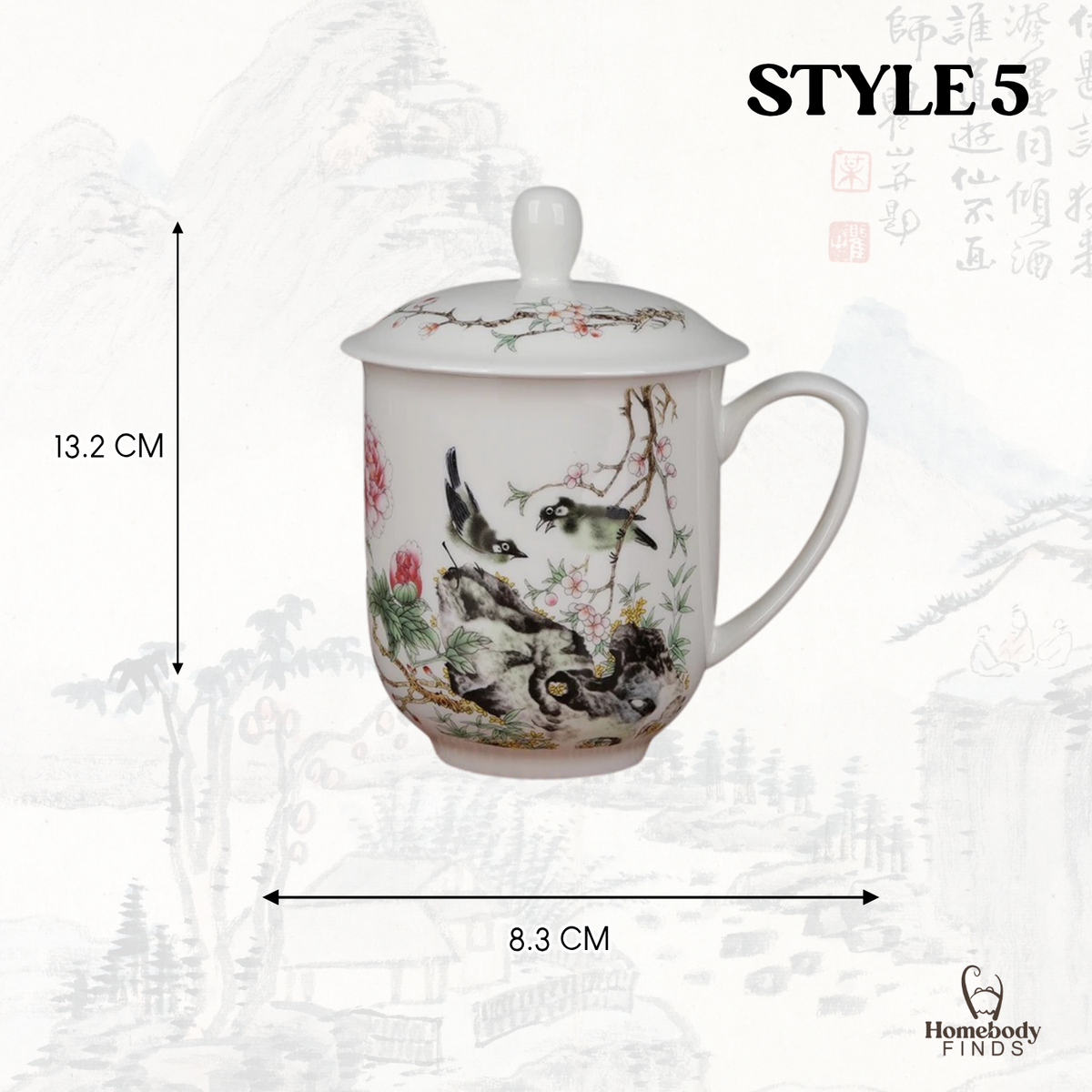 Lidded Chinese Ceramic Tea Mug, Traditional Floral Bird Cup, 350ml