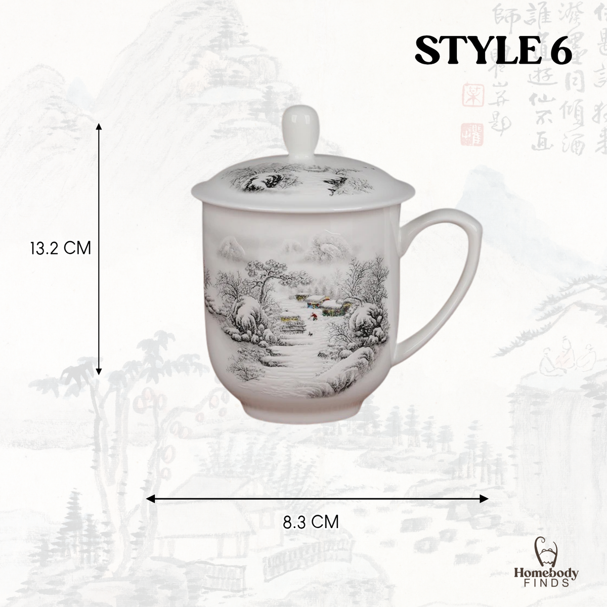 Lidded Chinese Ceramic Tea Mug, Traditional Floral Bird Cup, 350ml