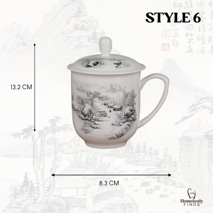Lidded Chinese Ceramic Tea Mug, Traditional Floral Bird Cup, 350ml
