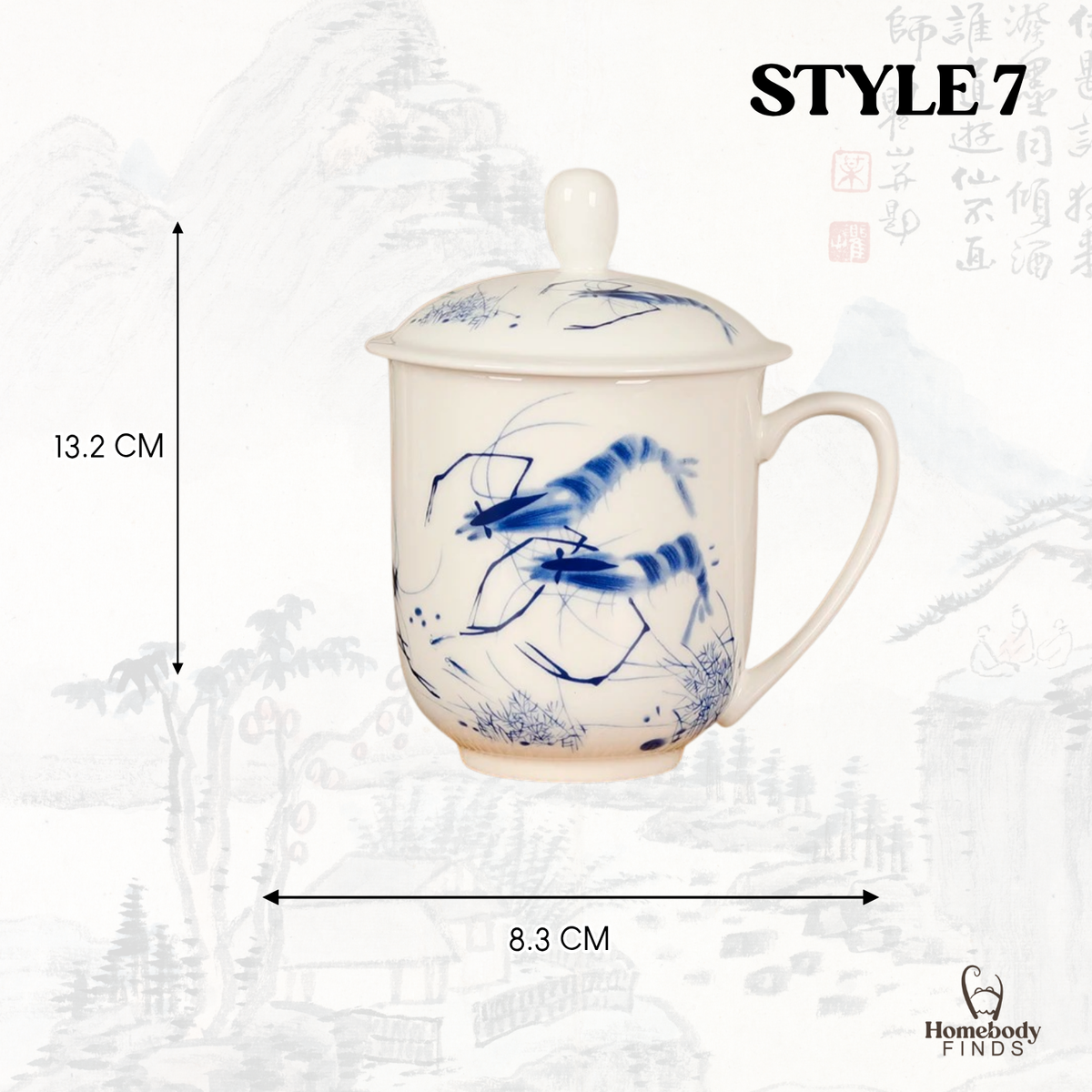 Lidded Chinese Ceramic Tea Mug, Traditional Floral Bird Cup, 350ml