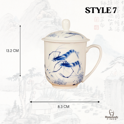 Lidded Chinese Ceramic Tea Mug, Traditional Floral Bird Cup, 350ml