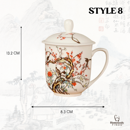 Lidded Chinese Ceramic Tea Mug, Traditional Floral Bird Cup, 350ml