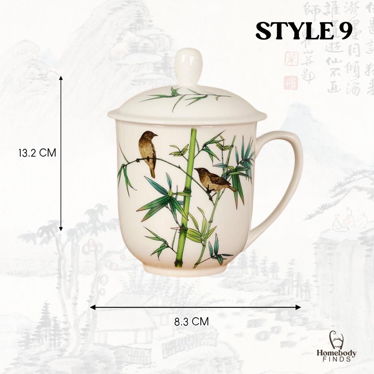 Lidded Chinese Ceramic Tea Mug, Traditional Floral Bird Cup, 350ml