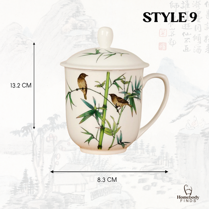 Lidded Chinese Ceramic Tea Mug, Traditional Floral Bird Cup, 350ml