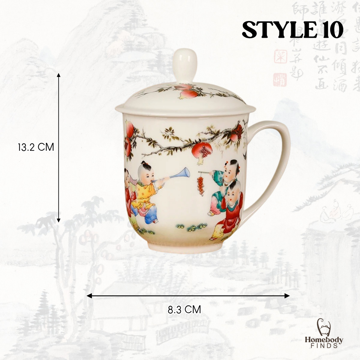 Lidded Chinese Ceramic Tea Mug, Traditional Floral Bird Cup, 350ml