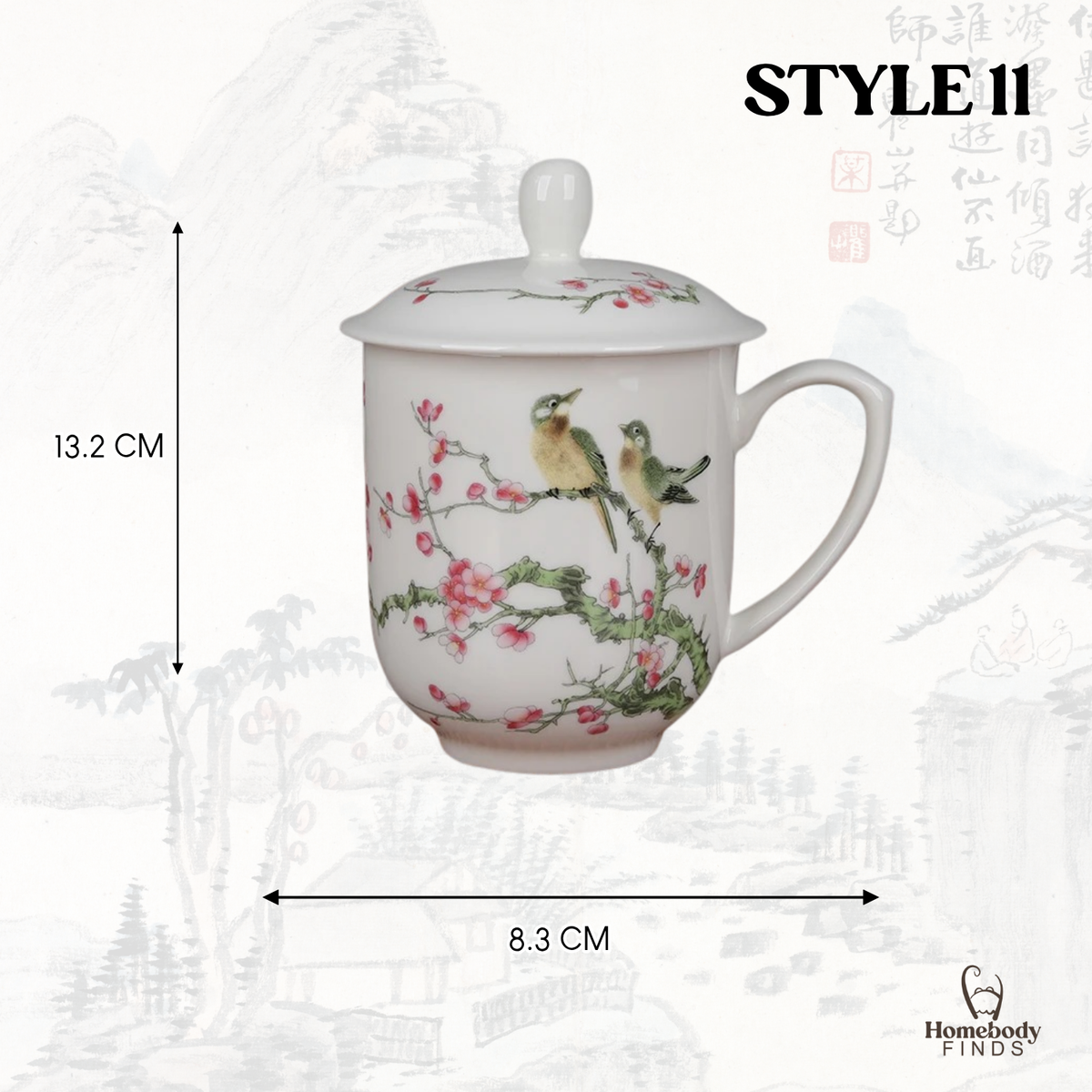 Lidded Chinese Ceramic Tea Mug, Traditional Floral Bird Cup, 350ml