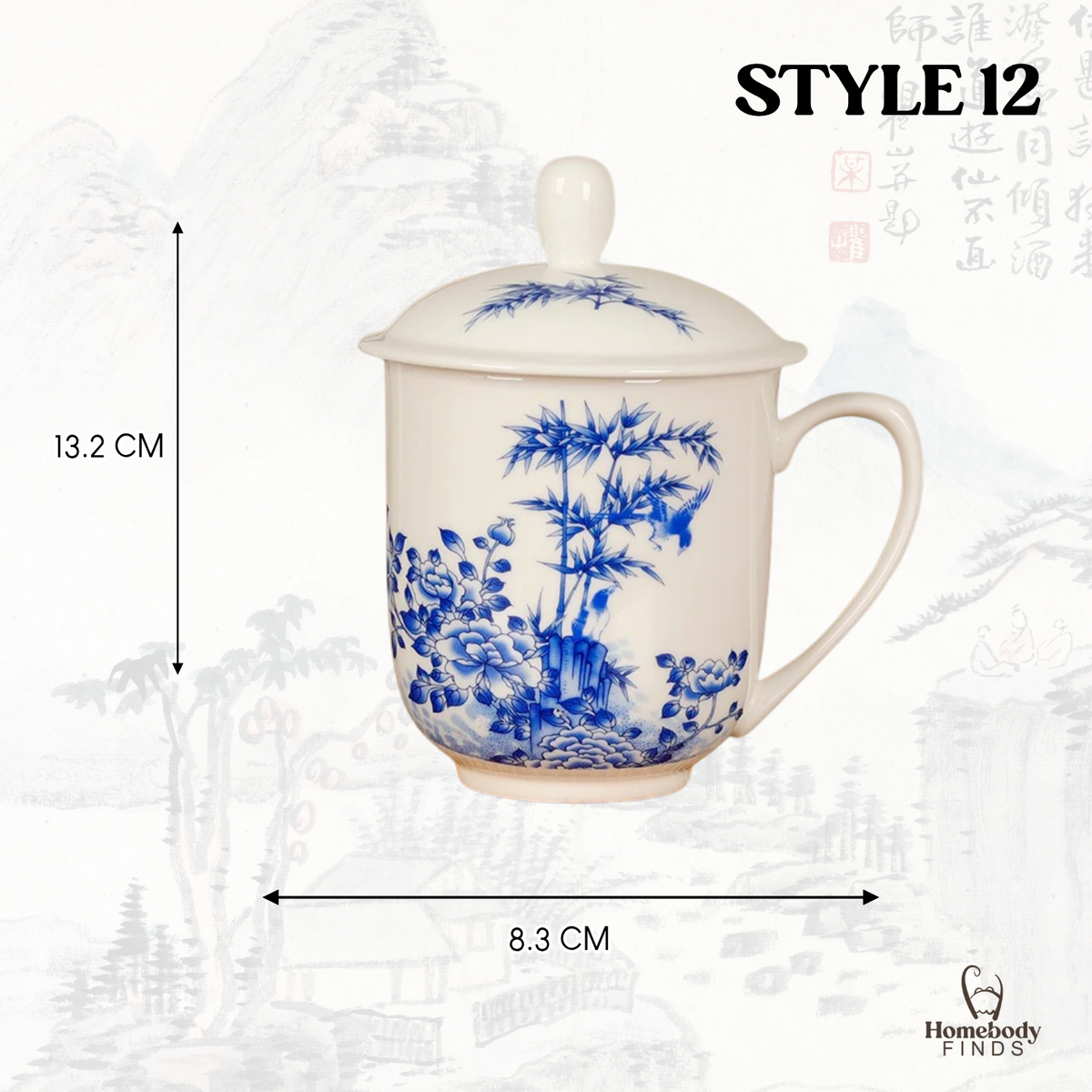 Lidded Chinese Ceramic Tea Mug, Traditional Floral Bird Cup, 350ml