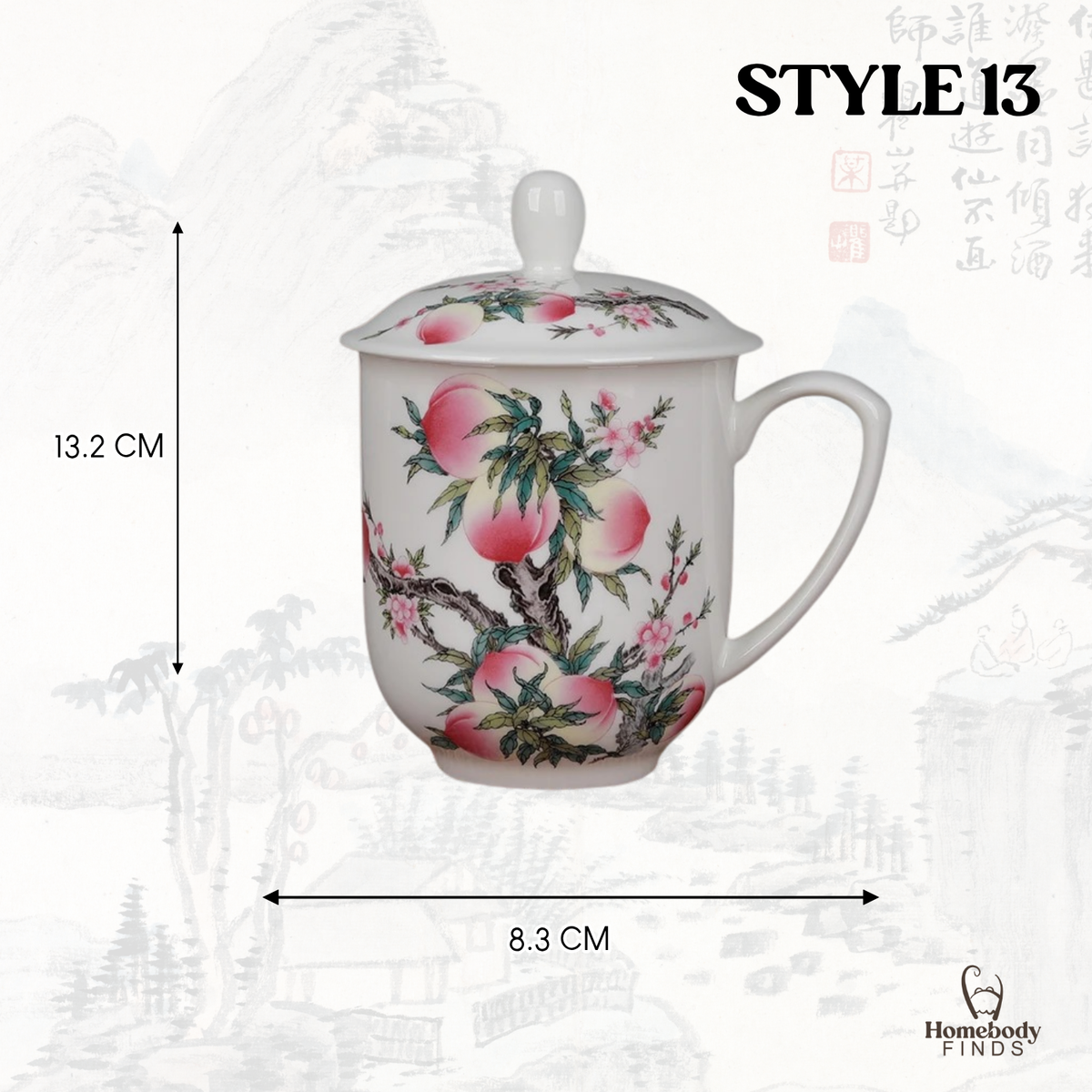 Lidded Chinese Ceramic Tea Mug, Traditional Floral Bird Cup, 350ml