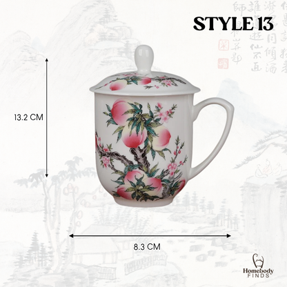 Lidded Chinese Ceramic Tea Mug, Traditional Floral Bird Cup, 350ml