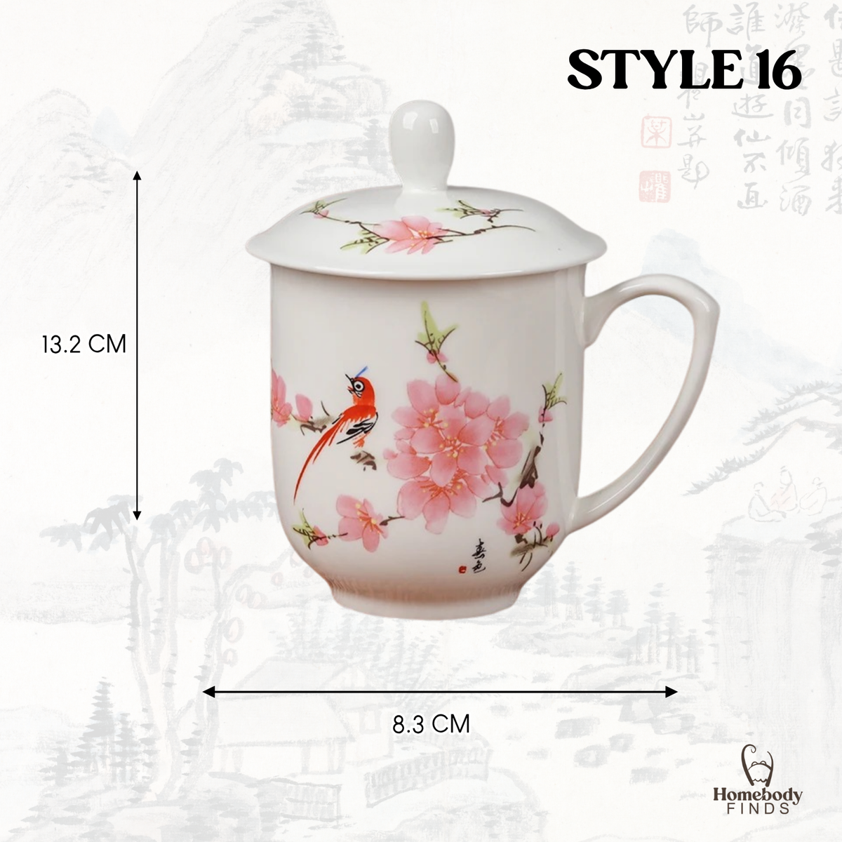 Lidded Chinese Ceramic Tea Mug, Traditional Floral Bird Cup, 350ml