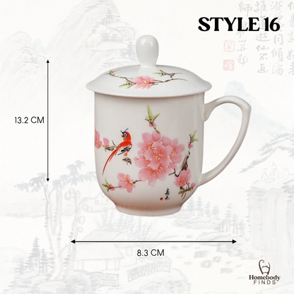 Lidded Chinese Ceramic Tea Mug, Traditional Floral Bird Cup, 350ml