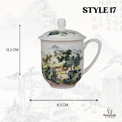 Lidded Chinese Ceramic Tea Mug, Traditional Floral Bird Cup, 350ml