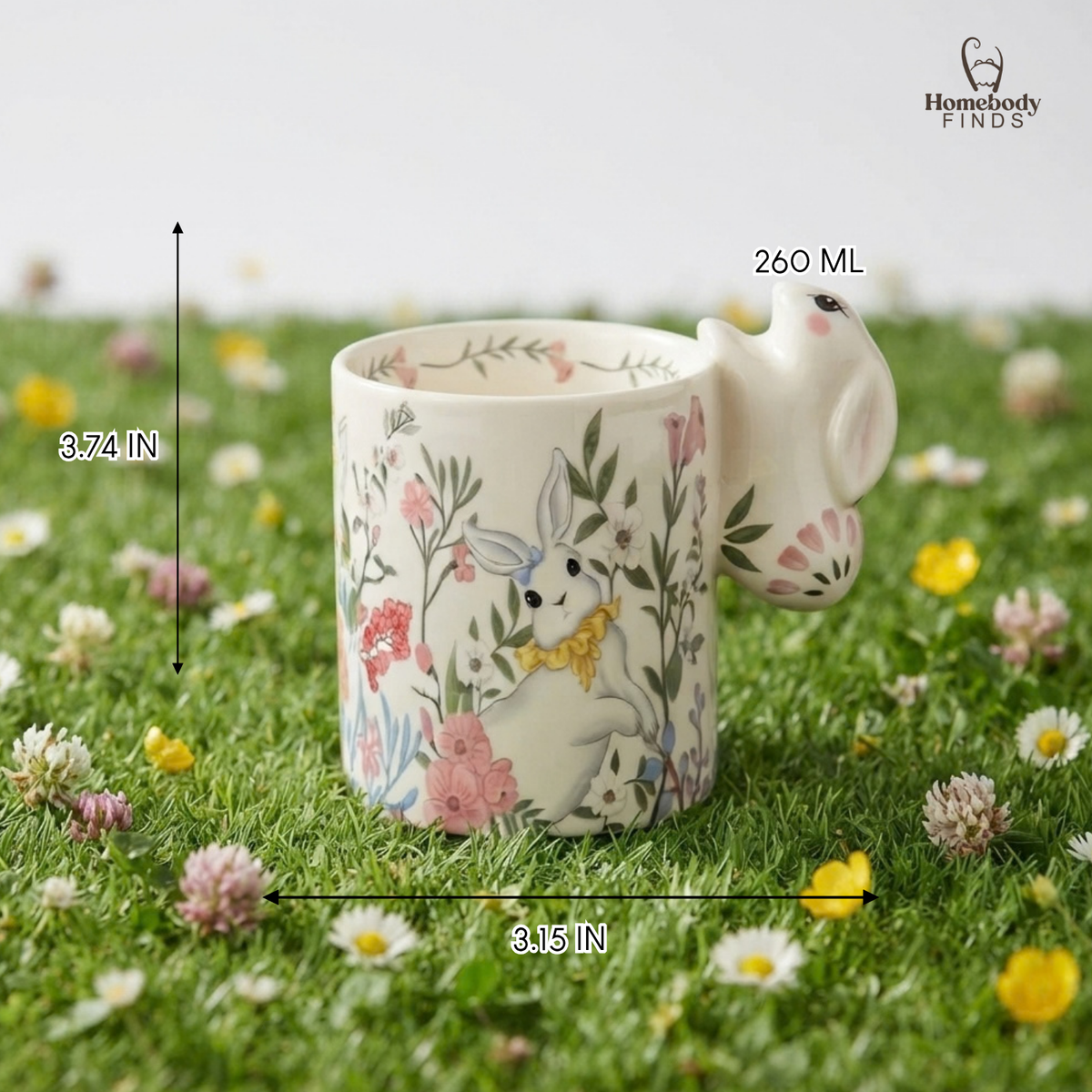 Whimsical Bunny Ceramic Mug, Floral Rabbit Coffee Cup, Spring Garden Decor