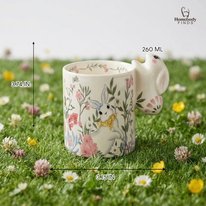 Whimsical Bunny Ceramic Mug, Floral Rabbit Coffee Cup, Spring Garden Decor
