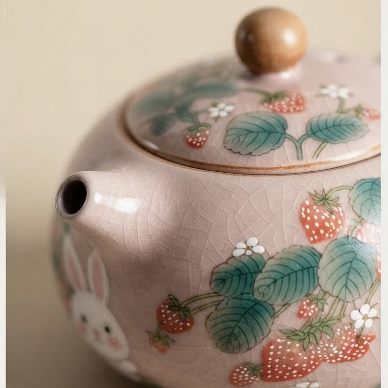 Antique Pink Ru Kiln Teacup Strawberry Rabbit 1 Pot 2 Cups Chinese Tea Making Xishi Kettle Teapot and Tea Cup Set Kung Fu Teaset