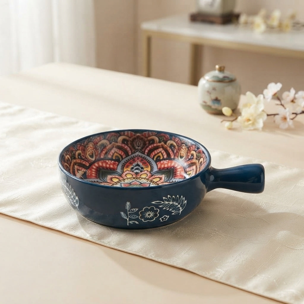 Hand Painted Ceramic Pasta Bowl with Handle, Colorful Relief Serving Bowl