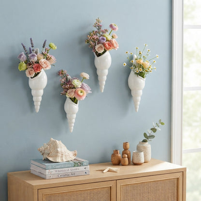White Ceramic Shell Wall Vase, Conch Hanging Flower Holder, Coastal Home Decor