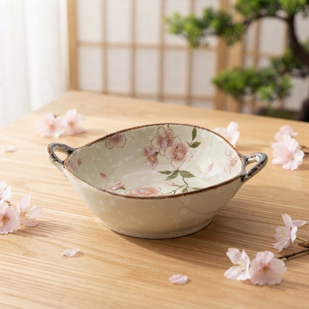 Japanese Ceramic Bowl with Handles, 700ml Noodle Soup Pasta Bowl, Floral Tableware