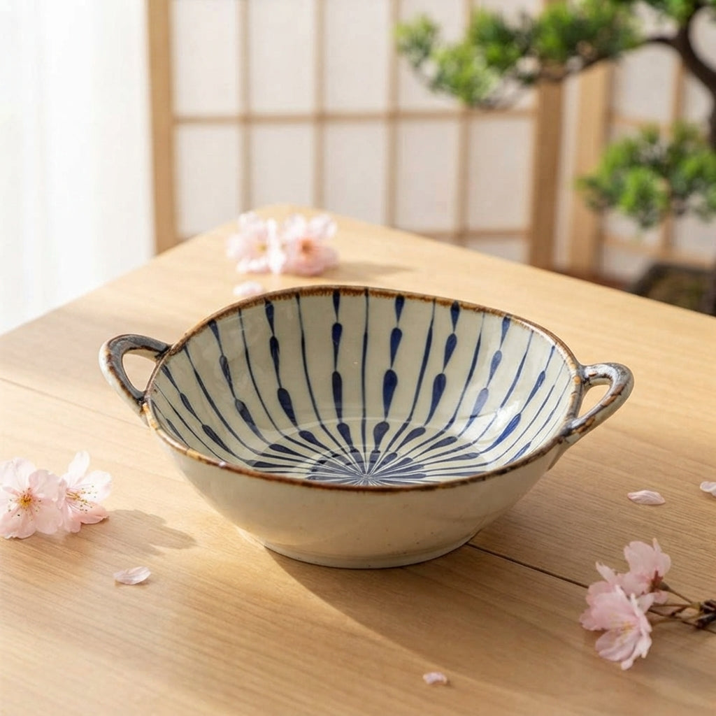 Japanese Ceramic Bowl with Handles, 700ml Noodle Soup Pasta Bowl, Floral Tableware