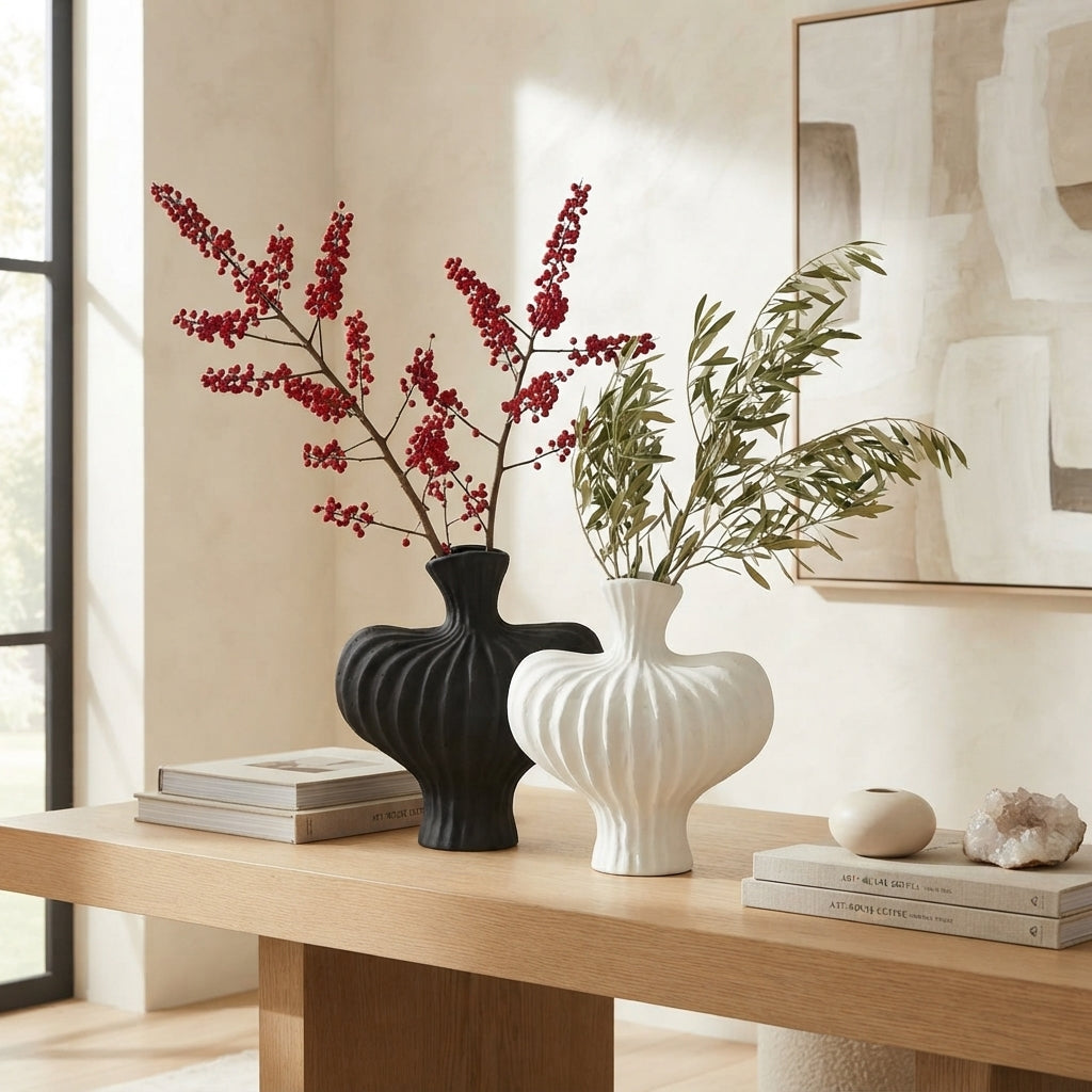 Sculptural Ribbed Vase, Black or White Modern Vase