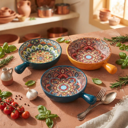 Hand Painted Ceramic Pasta Bowl with Handle, Colorful Relief Serving Bowl