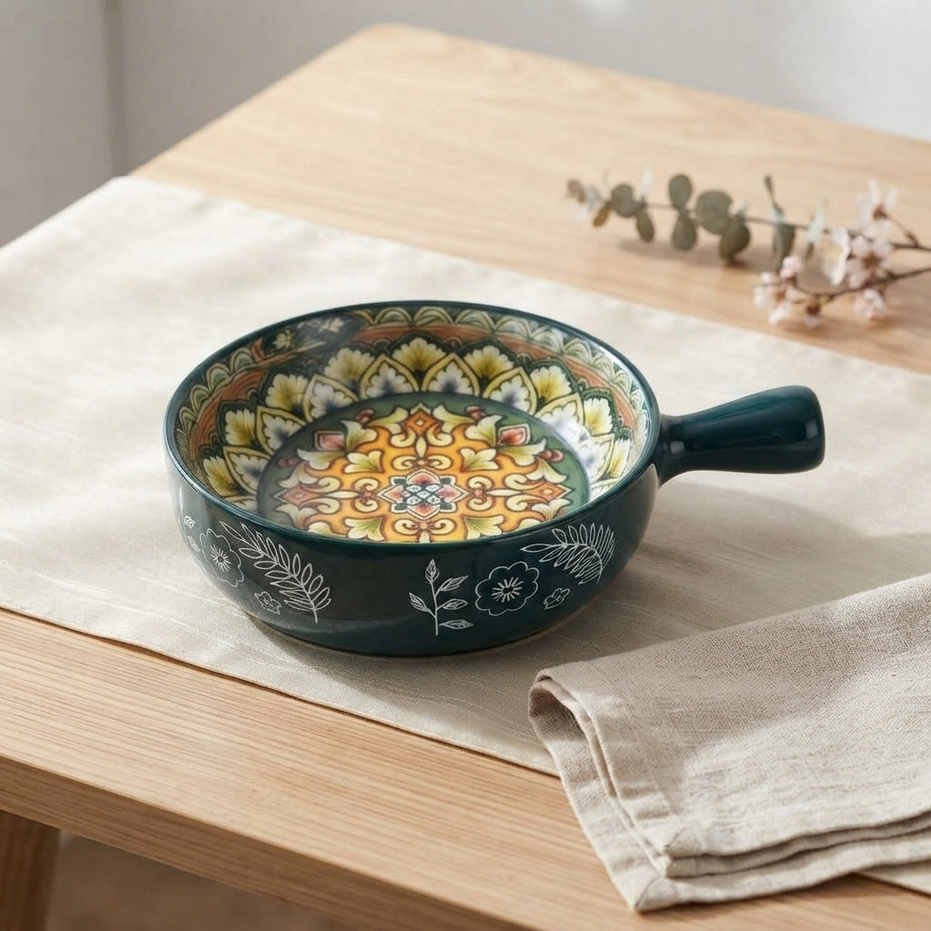 Hand Painted Ceramic Pasta Bowl with Handle, Colorful Relief Serving Bowl