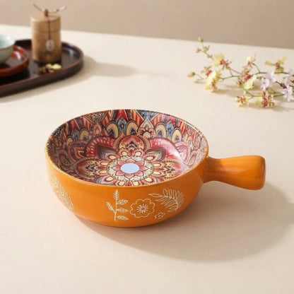 Hand Painted Ceramic Pasta Bowl with Handle, Colorful Relief Serving Bowl