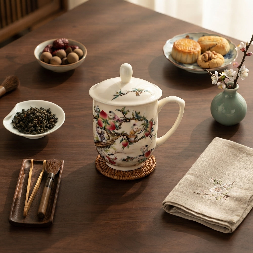 Lidded Chinese Ceramic Tea Mug, Traditional Floral Bird Cup, 350ml
