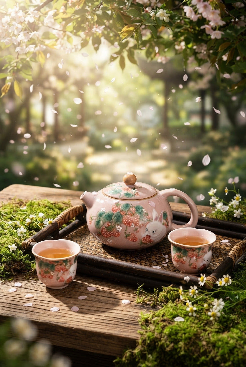 Antique Pink Ru Kiln Teacup Strawberry Rabbit 1 Pot 2 Cups Chinese Tea Making Xishi Kettle Teapot and Tea Cup Set Kung Fu Teaset