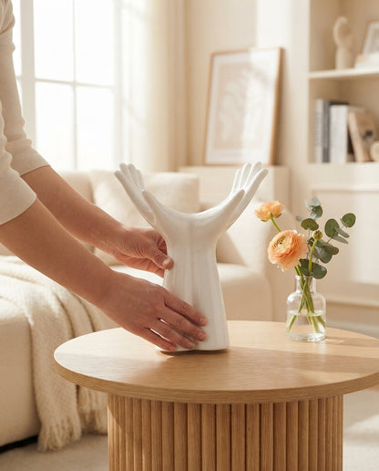 White Hand-Shaped Ceramic Vase, Sculptural Flower Vase, Modern Tabletop Decor