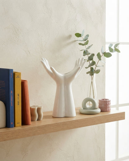 White Hand-Shaped Ceramic Vase, Sculptural Flower Vase, Modern Tabletop Decor