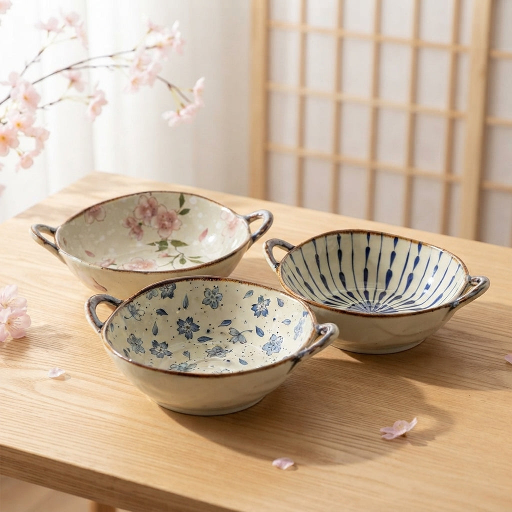 Japanese Ceramic Bowl with Handles, 700ml Noodle Soup Pasta Bowl, Floral Tableware