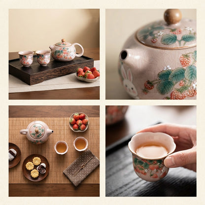 Antique Pink Ru Kiln Teacup Strawberry Rabbit 1 Pot 2 Cups Chinese Tea Making Xishi Kettle Teapot and Tea Cup Set Kung Fu Teaset