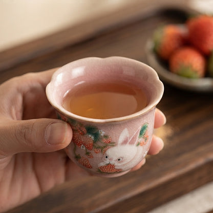 Antique Pink Ru Kiln Teacup Strawberry Rabbit 1 Pot 2 Cups Chinese Tea Making Xishi Kettle Teapot and Tea Cup Set Kung Fu Teaset