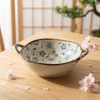 Japanese Ceramic Bowl with Handles, 700ml Noodle Soup Pasta Bowl, Floral Tableware