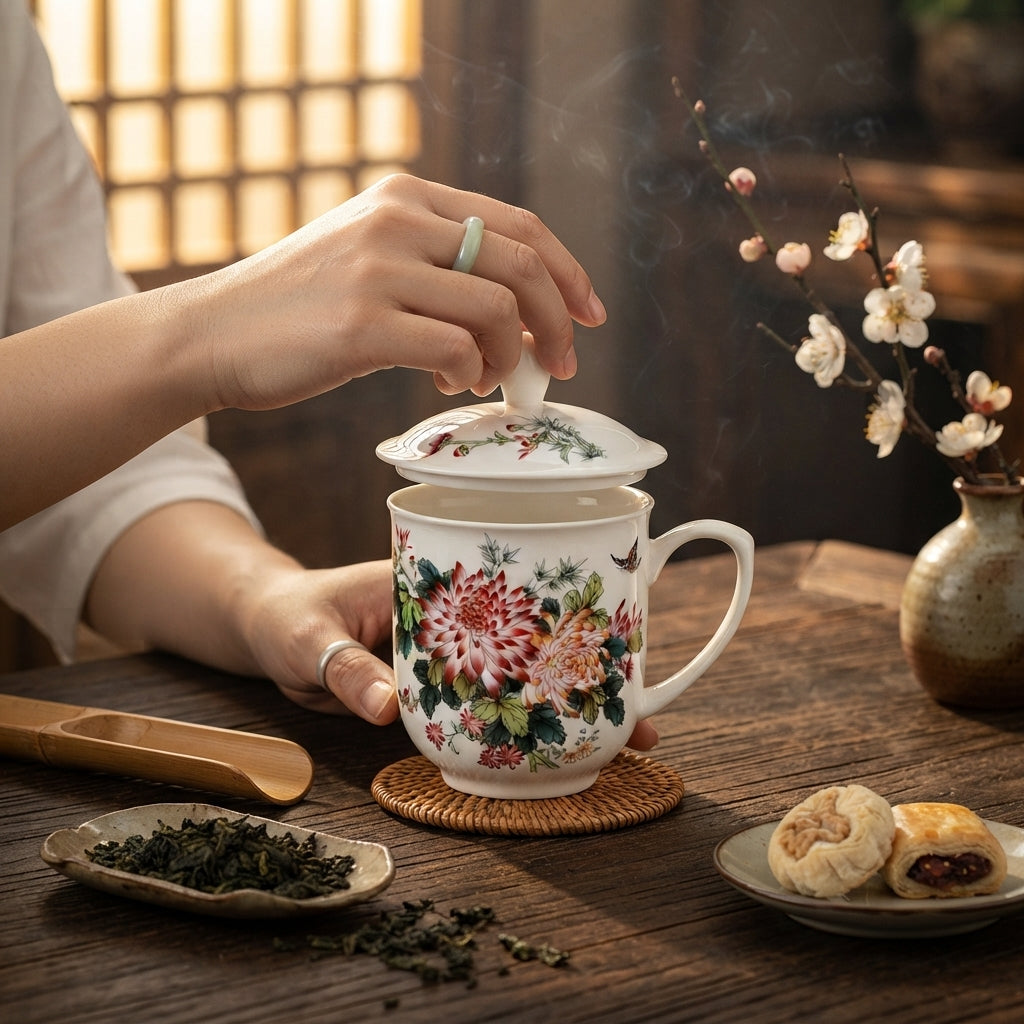 Lidded Chinese Ceramic Tea Mug, Traditional Floral Bird Cup, 350ml
