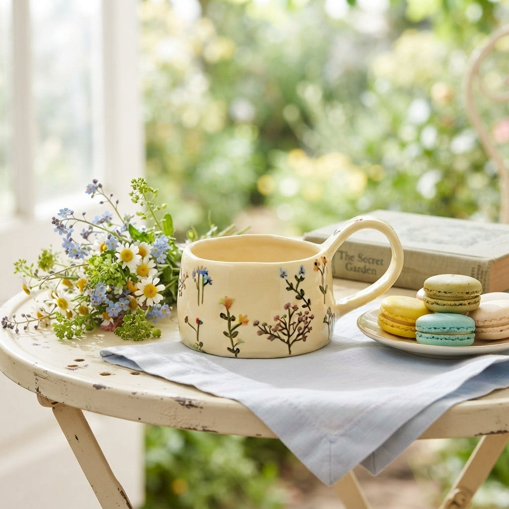 Whimsical Floral Ceramic Mug, Korean Style Coffee Cup, Garden Tea Mug