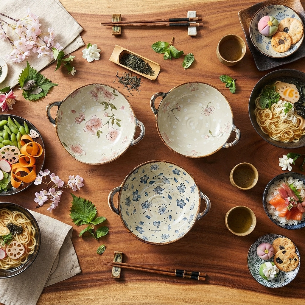 Japanese Ceramic Bowl with Handles, 700ml Noodle Soup Pasta Bowl, Floral Tableware