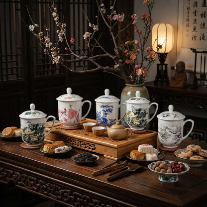 Lidded Chinese Ceramic Tea Mug, Traditional Floral Bird Cup, 350ml