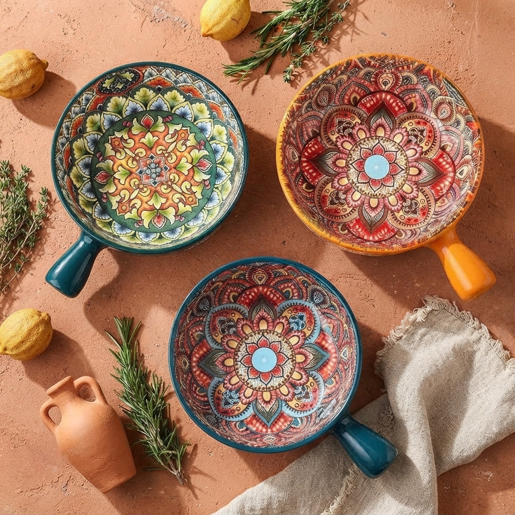 Hand Painted Ceramic Pasta Bowl with Handle, Colorful Relief Serving Bowl