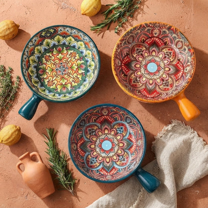 Hand Painted Ceramic Pasta Bowl with Handle, Colorful Relief Serving Bowl