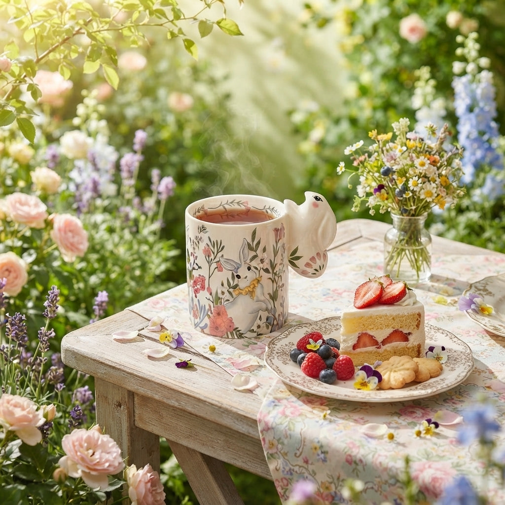 Whimsical Bunny Ceramic Mug, Floral Rabbit Coffee Cup, Spring Garden Decor