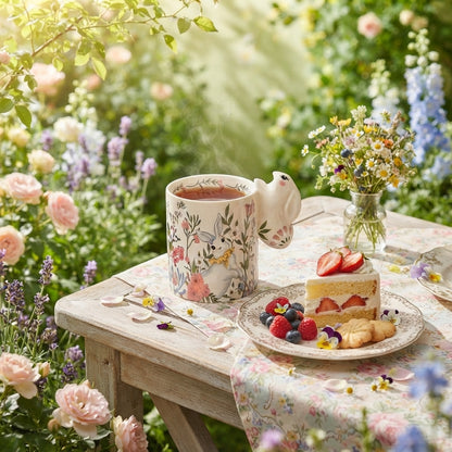 Whimsical Bunny Ceramic Mug, Floral Rabbit Coffee Cup, Spring Garden Decor