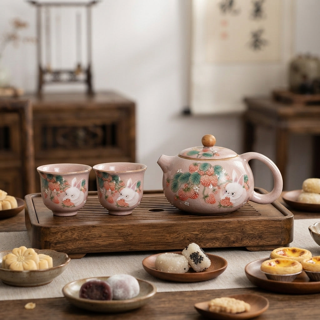 Antique Pink Ru Kiln Teacup Strawberry Rabbit 1 Pot 2 Cups Chinese Tea Making Xishi Kettle Teapot and Tea Cup Set Kung Fu Teaset
